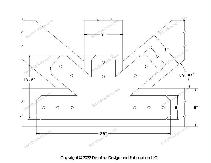 Fan Brackets for 8 inch beams - 5 inch Wide centered joint - Chamfered - Centered style holes - BarnBrackets.com