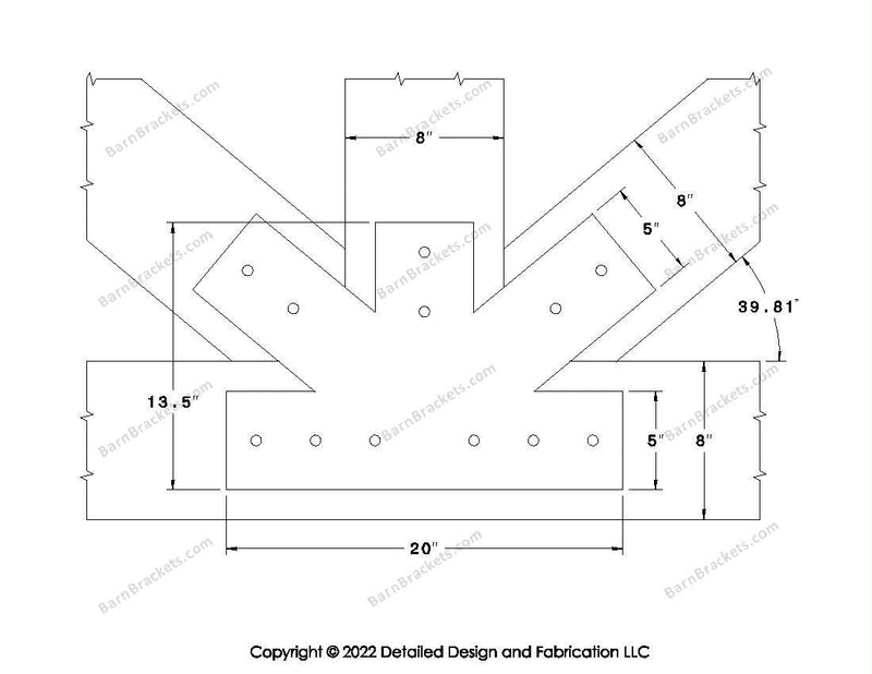 Fan Brackets for 8 inch beams - 5 inch Regular centered joint - Square - Centered style holes - BarnBrackets.com