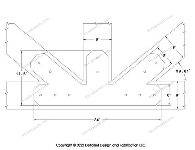 Fan Brackets for 8 inch beams - 6 inch Regular offset bottom joint - Chamfered - Centered style holes - BarnBrackets.com