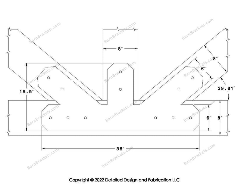 Fan Brackets for 8 inch beams - 6 inch Regular offset bottom joint - Chamfered - Centered style holes - BarnBrackets.com