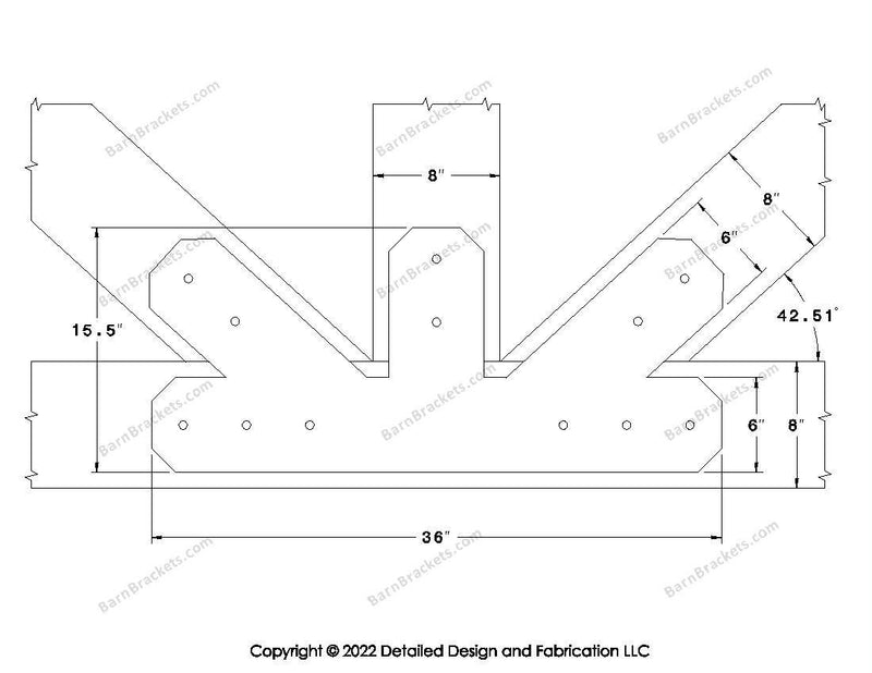 Fan Brackets for 8 inch beams - 6 inch Regular offset bottom joint - Chamfered - Centered style holes - BarnBrackets.com