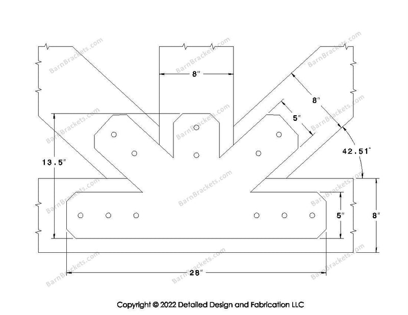 Fan Brackets for 8 inch beams - 5 inch Wide centered joint - Chamfered - Centered style holes - BarnBrackets.com