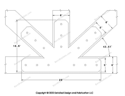 Fan Brackets for 6 inch beams - 5 inch Large centered joint - Chamfered - Centered style holes - BarnBrackets.com