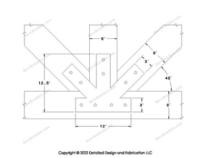 Fan Brackets for 6 inch beams - 3 inch Regular centered joint - Square - Centered style holes - BarnBrackets.com