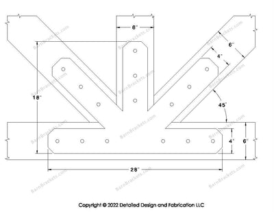Fan Brackets for 6 inch beams - 4 inch Large centered joint - Chamfered - Centered style holes - BarnBrackets.com