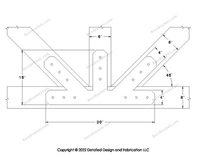 Fan Brackets for 6 inch beams - 4 inch Large offset bottom joint - Chamfered - Centered style holes - BarnBrackets.com
