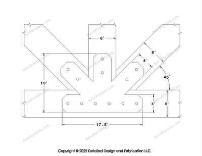 Fan Brackets for 6 inch beams - 4 inch Regular centered joint - Chamfered - Centered style holes - BarnBrackets.com
