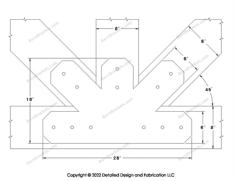 Fan Brackets for 8 inch beams - 6 inch Regular centered joint - Chamfered - Centered style holes - BarnBrackets.com
