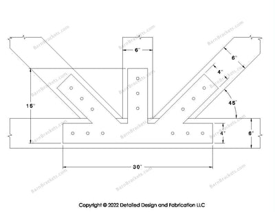 Fan Brackets for 6 inch beams - 4 inch Large offset bottom joint - Square - Centered style holes - BarnBrackets.com