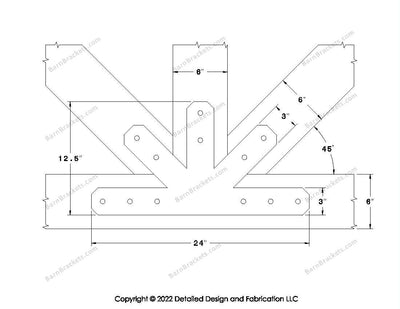 Fan Brackets for 6 inch beams - 3 inch Wide centered joint - Chamfered - Centered style holes - BarnBrackets.com