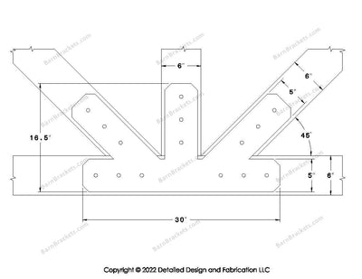 Fan Brackets for 6 inch beams - 5 inch Large offset bottom joint - Chamfered - Centered style holes - BarnBrackets.com