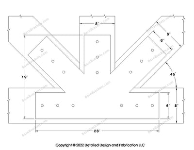 Fan Brackets for 8 inch beams - 6 inch Large centered joint - Square - Centered style holes - BarnBrackets.com
