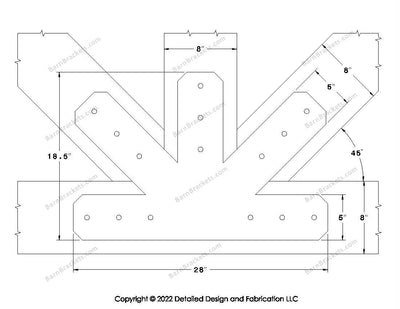 Fan Brackets for 8 inch beams - 5 inch Large centered joint - Chamfered - Centered style holes - BarnBrackets.com