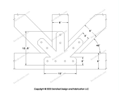 Fan Brackets for 6 inch beams - 3 inch Regular centered joint - Chamfered - Centered style holes - BarnBrackets.com