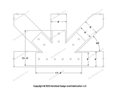 Fan Brackets for 6 inch beams - 5 inch Regular centered joint - Square - Centered style holes - BarnBrackets.com