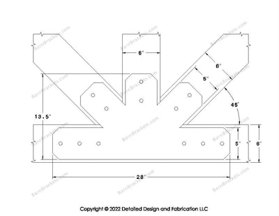 Fan Brackets for 6 inch beams - 5 inch Wide centered joint - Chamfered - Centered style holes - BarnBrackets.com