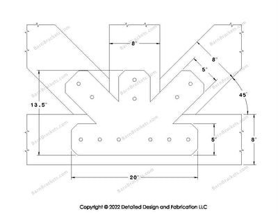 Fan Brackets for 8 inch beams - 5 inch Regular centered joint - Chamfered - Centered style holes - BarnBrackets.com
