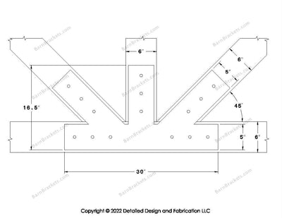 Fan Brackets for 6 inch beams - 5 inch Large offset bottom joint - Square - Centered style holes - BarnBrackets.com