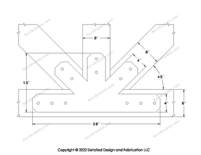 Fan Brackets for 6 inch beams - 4 inch Wide centered joint - Chamfered - Centered style holes - BarnBrackets.com