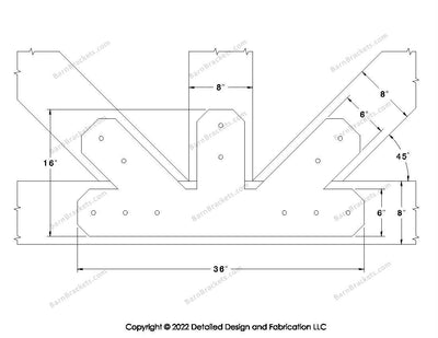 Fan Brackets for 8 inch beams - 6 inch Regular offset bottom joint - Chamfered - Centered style holes - BarnBrackets.com