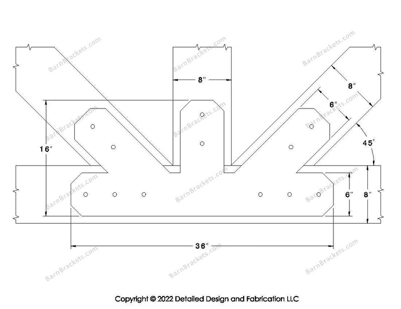 Fan Brackets for 8 inch beams - 6 inch Regular offset bottom joint - Chamfered - Centered style holes - BarnBrackets.com