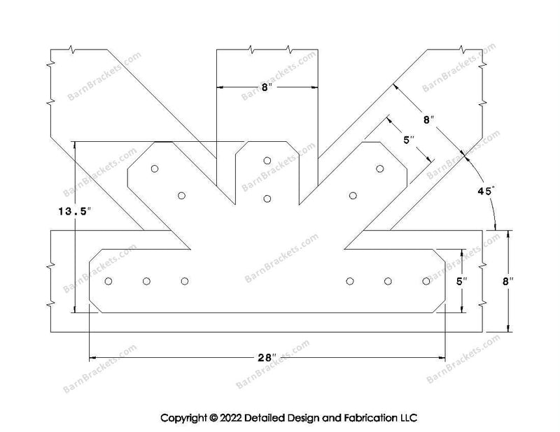 Fan Brackets for 8 inch beams - 5 inch Wide centered joint - Chamfered - Centered style holes - BarnBrackets.com