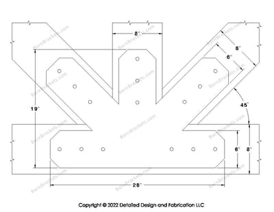 Fan Brackets for 8 inch beams - 6 inch Large centered joint - Chamfered - Centered style holes - BarnBrackets.com