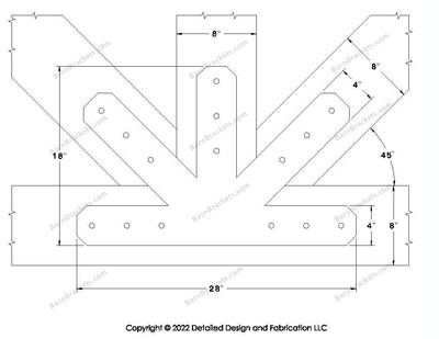 Fan Brackets for 8 inch beams - 4 inch Large centered joint - Chamfered - Centered style holes - BarnBrackets.com
