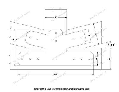 Fan Brackets for 8 inch beams - 5 inch Wide centered joint - Chamfered - Centered style holes - BarnBrackets.com