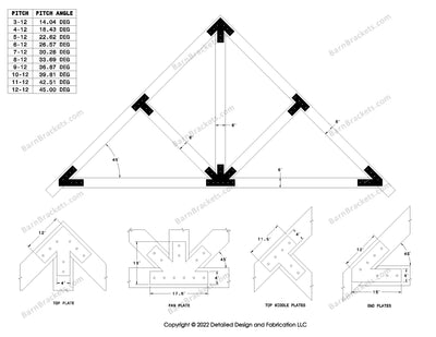 4 inch timber truss plate set for 6 inch wood beams.  King post truss with diagonal chords.  With overhang ends and square corners.  For a 12-12 pitch roof.