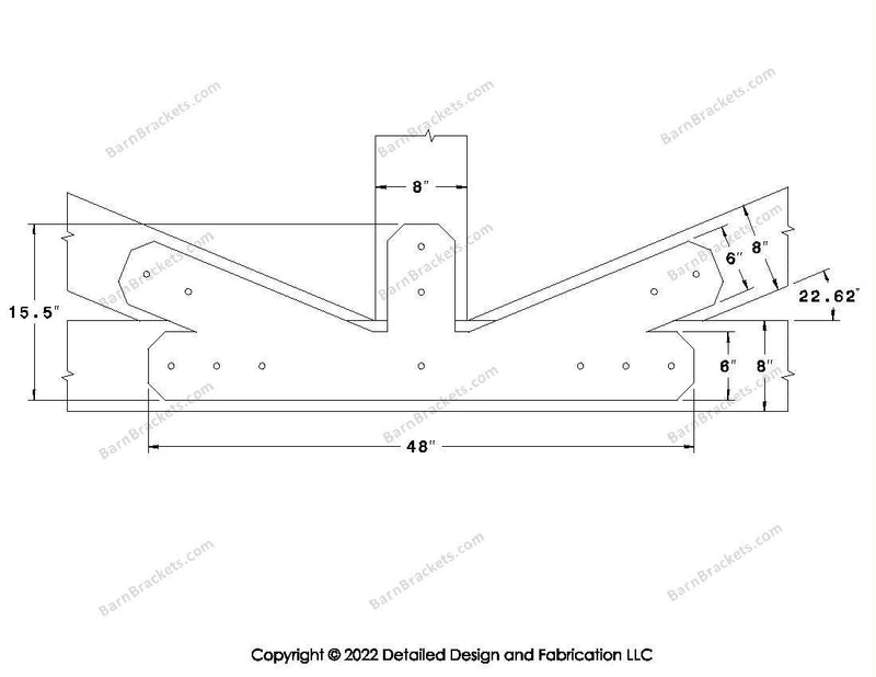 Fan Brackets for 8 inch beams - 6 inch Regular offset bottom joint - Chamfered - Centered style holes - BarnBrackets.com