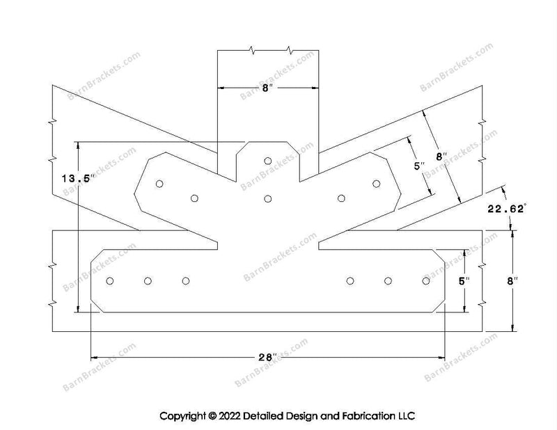 Fan Brackets for 8 inch beams - 5 inch Wide centered joint - Chamfered - Centered style holes - BarnBrackets.com