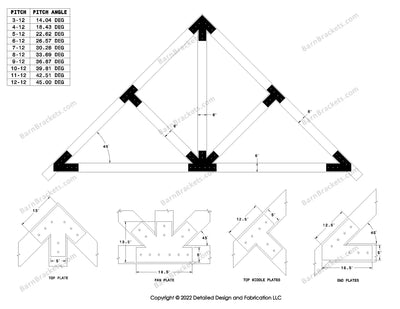 5 inch steel timber frame bracket set for 6 inch timber beams.  King post truss with diagonal chords.  Designed with overhang ends and square corners.  Dimensions are for a 12-12 pitch roof.