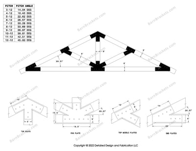5 inch steel timber frame bracket set for 6 inch timber beams.  King post truss with diagonal chords.  Designed with overhang ends and square corners.  Dimensions are for a 6-12 pitch roof.