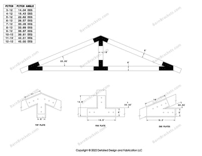 5 inch timber beam truss bracket set for 6 inch wood beams.  King post only truss.  With overhang ends and square corners.  For a 5-12 pitch roof.
