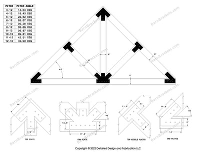 5 inch steel timber truss plate kit for 8 inch timber beams.  King post truss with diagonal chords.  Designed with flush ends and square corners.  Dimensions are for a 12-12 pitch roof.