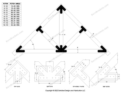 5 inch steel timber truss plate kit for 8 inch timber beams.  King post truss with diagonal chords.  Designed with overhang ends and chamfered corners.  Dimensions are for a 12-12 pitch roof.