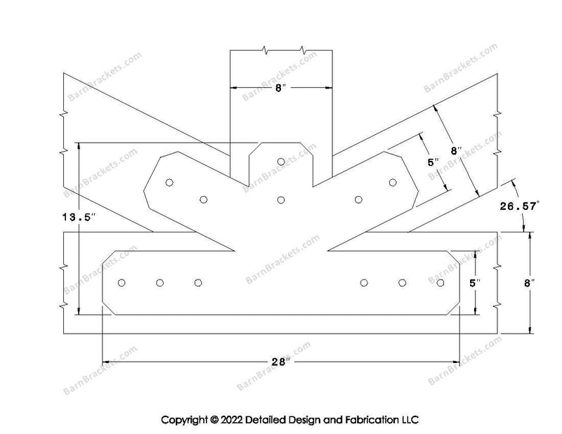 Fan Brackets for 8 inch beams - 5 inch Wide centered joint - Chamfered - Centered style holes - BarnBrackets.com