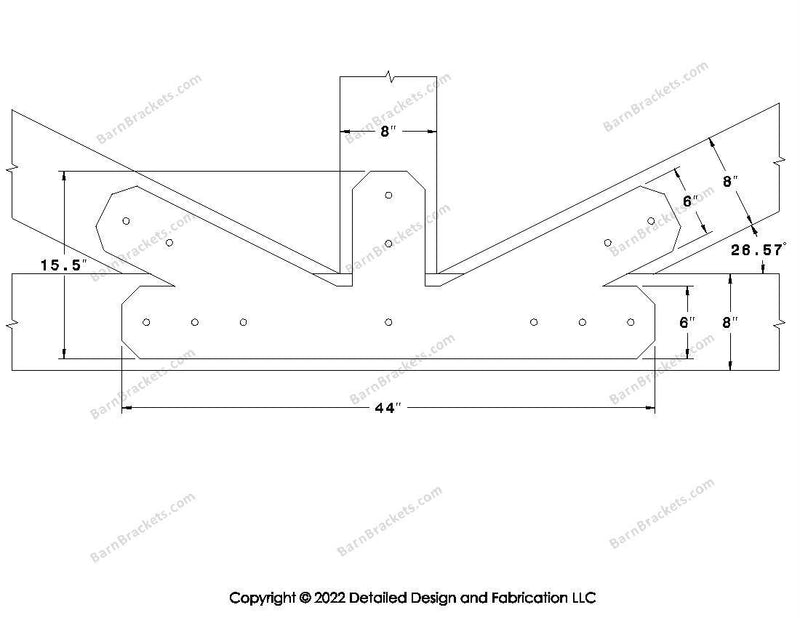 Fan Brackets for 8 inch beams - 6 inch Regular offset bottom joint - Chamfered - Centered style holes - BarnBrackets.com