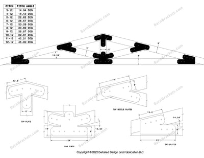 6 inch steel bracket kits for a post and beam truss.  These brackets are for 8 inch timber beams.  King post truss with diagonal chords.  Designed with overhang ends and chamfered corners.  Dimensions are for a 3-12 pitch roof.