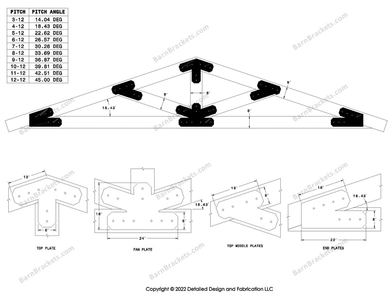 6 inch steel bracket kits for a post and beam truss.  These brackets are for 8 inch timber beams.  King post truss with diagonal chords.  Designed with overhang ends and chamfered corners.  Dimensions are for a 4-12 pitch roof.