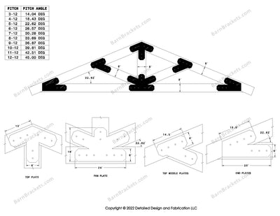 6 inch steel bracket kits for a post and beam truss.  These brackets are for 8 inch timber beams.  King post truss with diagonal chords.  Designed with overhang ends and chamfered corners.  Dimensions are for a 5-12 pitch roof.