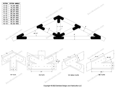 6 inch steel bracket kits for a post and beam truss.  These brackets are for 8 inch timber beams.  King post truss with diagonal chords.  Designed with overhang ends and chamfered corners.  Dimensions are for a 6-12 pitch roof.