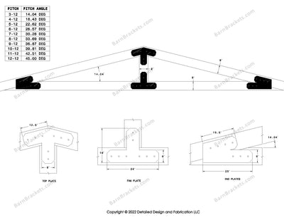 6 inch steel bracket kits for a post and beam truss.  These brackets are for 8 inch timber beams.  King post only truss.  Designed with overhang ends and chamfered corners.  Dimensions are for a 3-12 pitch roof.