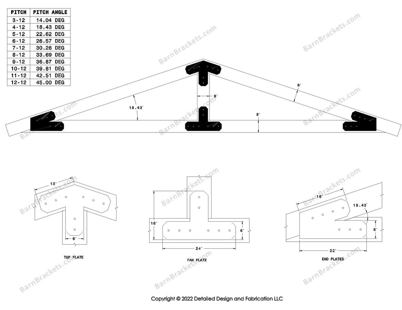 6 inch steel bracket kits for a post and beam truss.  These brackets are for 8 inch timber beams.  King post only truss.  Designed with overhang ends and chamfered corners.  Dimensions are for a 4-12 pitch roof.