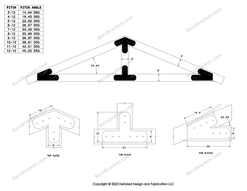 6 inch steel bracket kits for a post and beam truss.  These brackets are for 8 inch timber beams.  King post only truss.  Designed with overhang ends and chamfered corners.  Dimensions are for a 5-12 pitch roof.