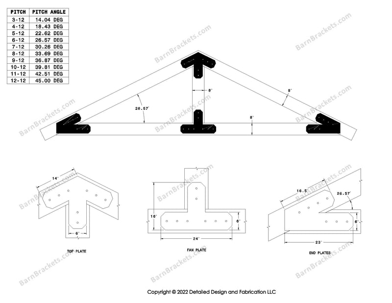 6 inch steel bracket kits for a post and beam truss.  These brackets are for 8 inch timber beams.  King post only truss.  Designed with overhang ends and chamfered corners.  Dimensions are for a 6-12 pitch roof.