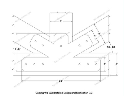 Fan Brackets for 8 inch beams - 5 inch Wide centered joint - Chamfered - Centered style holes - BarnBrackets.com