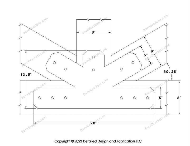 Fan Brackets for 8 inch beams - 5 inch Wide centered joint - Chamfered - Centered style holes - BarnBrackets.com