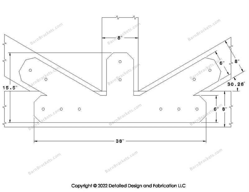 Fan Brackets for 8 inch beams - 6 inch Regular offset bottom joint - Chamfered - Centered style holes - BarnBrackets.com